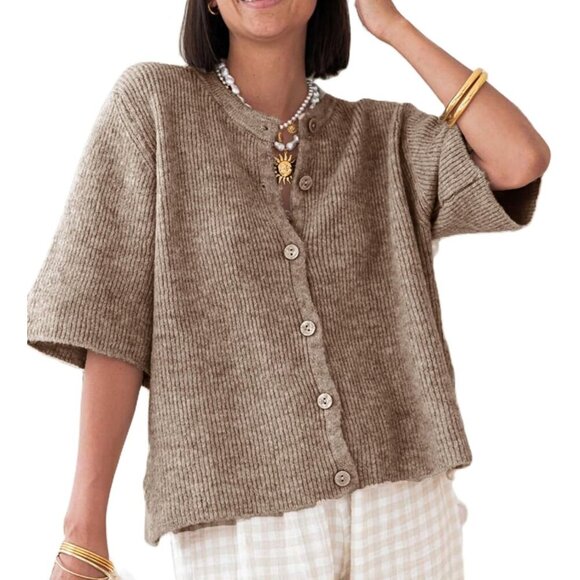 Women Knitted Crop Top Cardigan Short Sleeve Button Y2K Streetwear